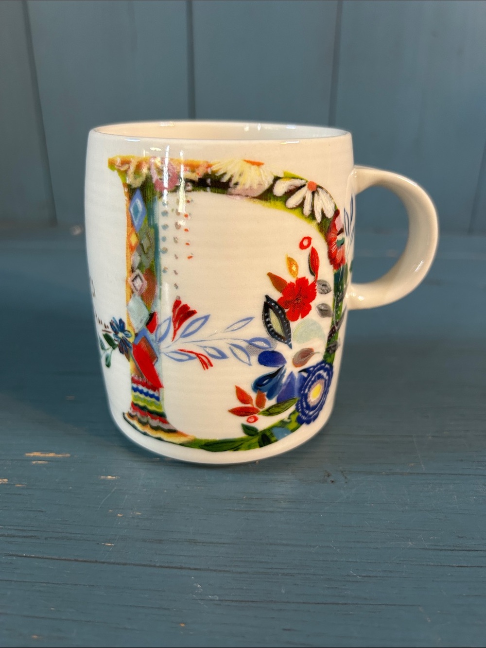 Anthropologie White Ceramic Mug with Multicolor Floral Initial - Like New